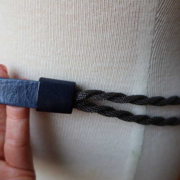 Eugenia Kim belt dark blue leather, gunmetal braided w silver buckle size M Y2K